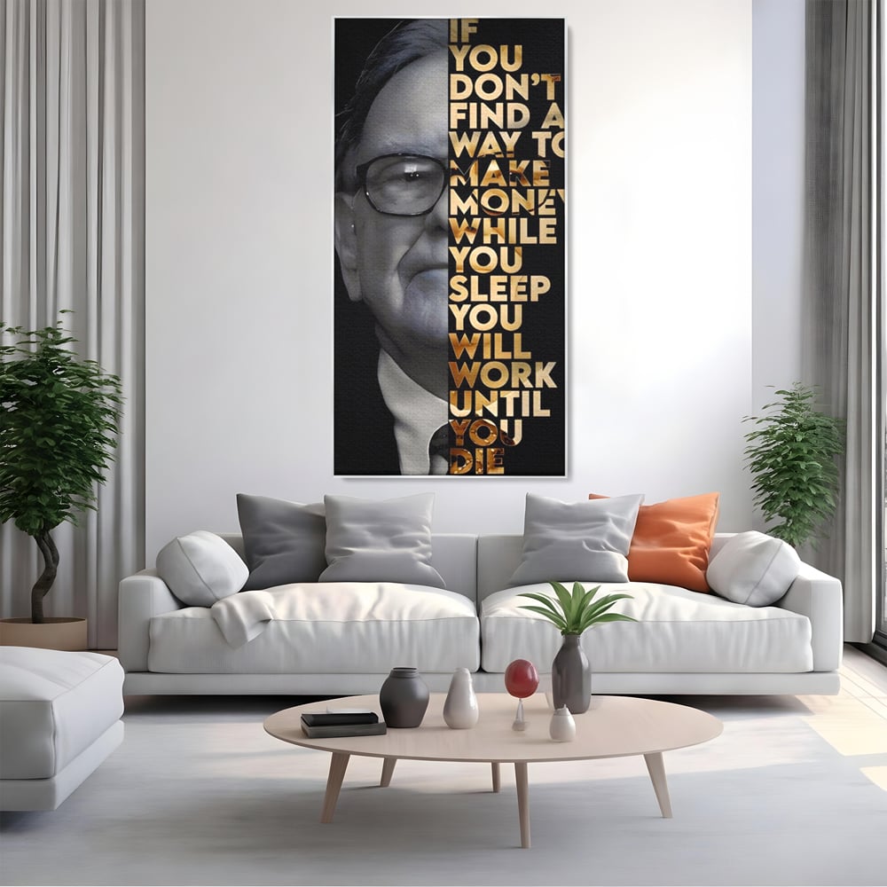 Tablou canvas cu tablou canvas cu warren buffett, in rama de aluminiu argintiu, pe perete intr-un living